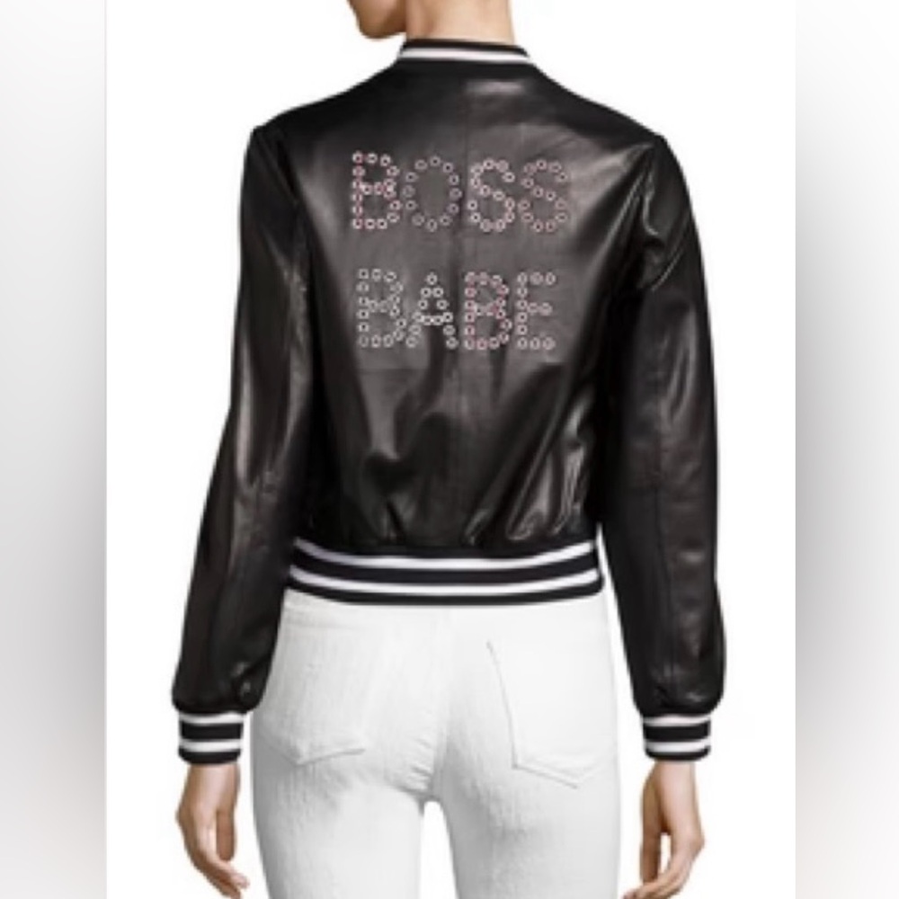 ALICE + OLIVIA Demia Boss Babe Black Leather Bomber Embellished Jacket XS